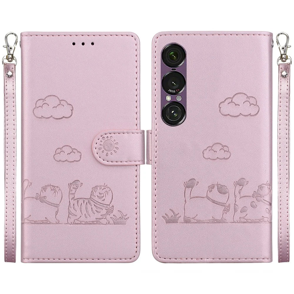 For Sony Xperia 1 VII Case RFID Blocking Kitten Pattern TPU + PU Leather Phone Cover with Wrist Strap - Pink - 1