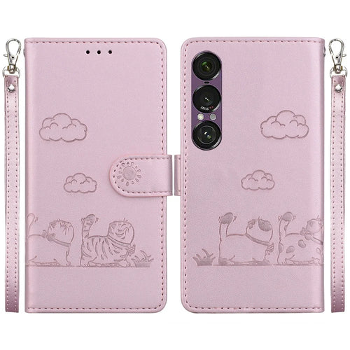 For Sony Xperia 1 VII Case RFID Blocking Kitten Pattern TPU + PU Leather Phone Cover with Wrist Strap - Pink - 1