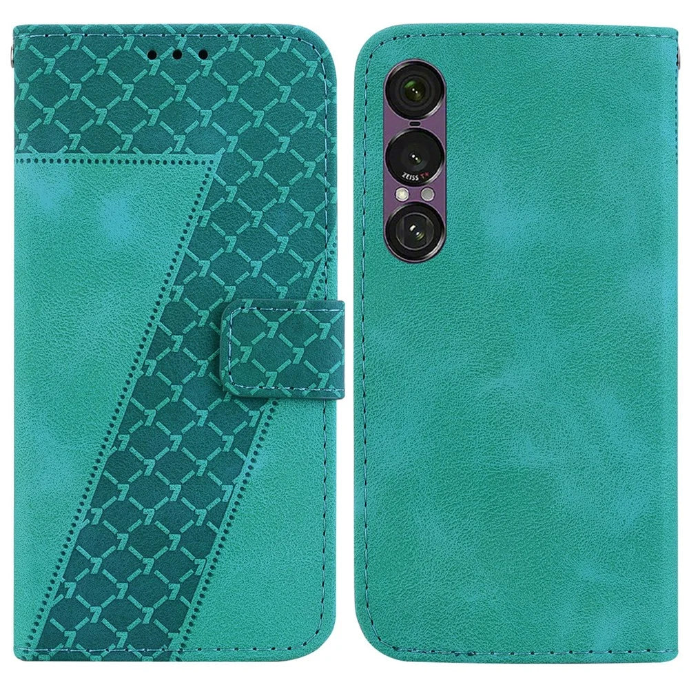 For Sony Xperia 1 VII Stand Case 7-Shaped Pattern Imprint Leather Phone Cover with Strap - Green - 1