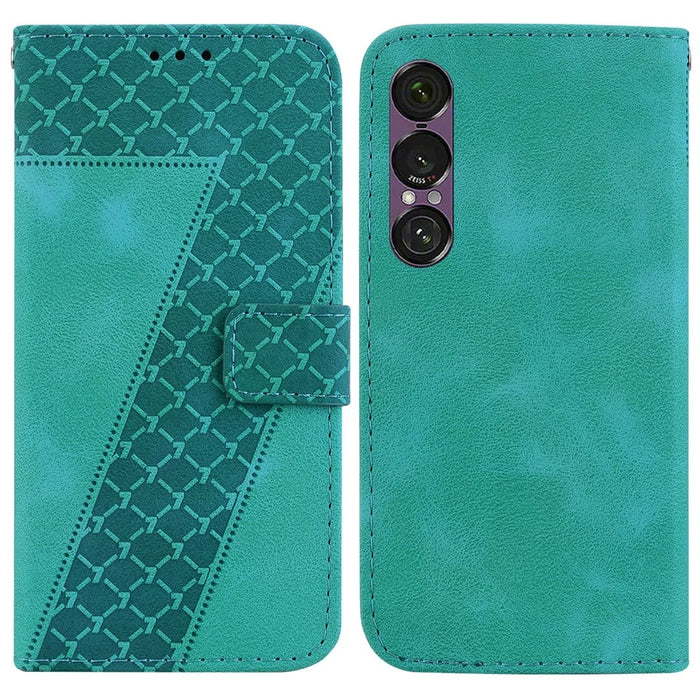 For Sony Xperia 1 VII Stand Case 7-Shaped Pattern Imprint Leather Phone Cover with Strap - Green - 1