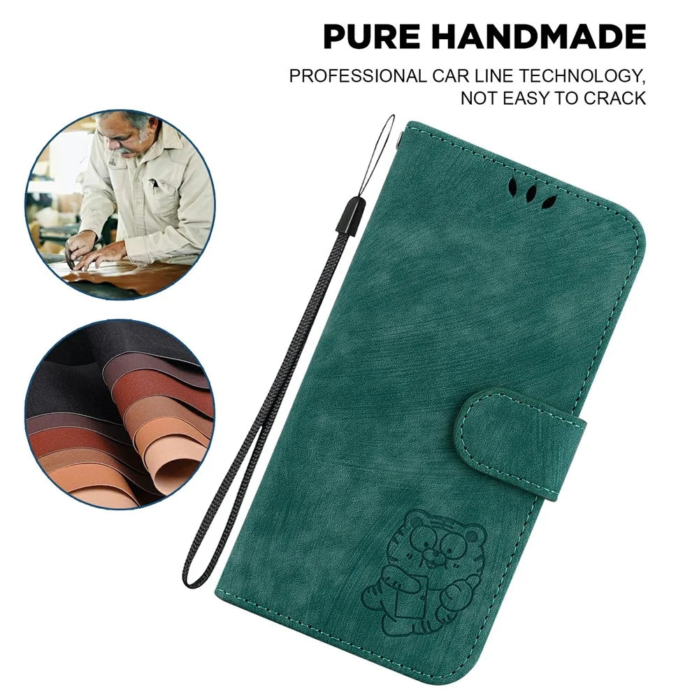 For Sony Xperia 1 VII Wallet Case Tiger Imprint Leather Shockproof Phone Cover with Wrist Strap - Green - 7