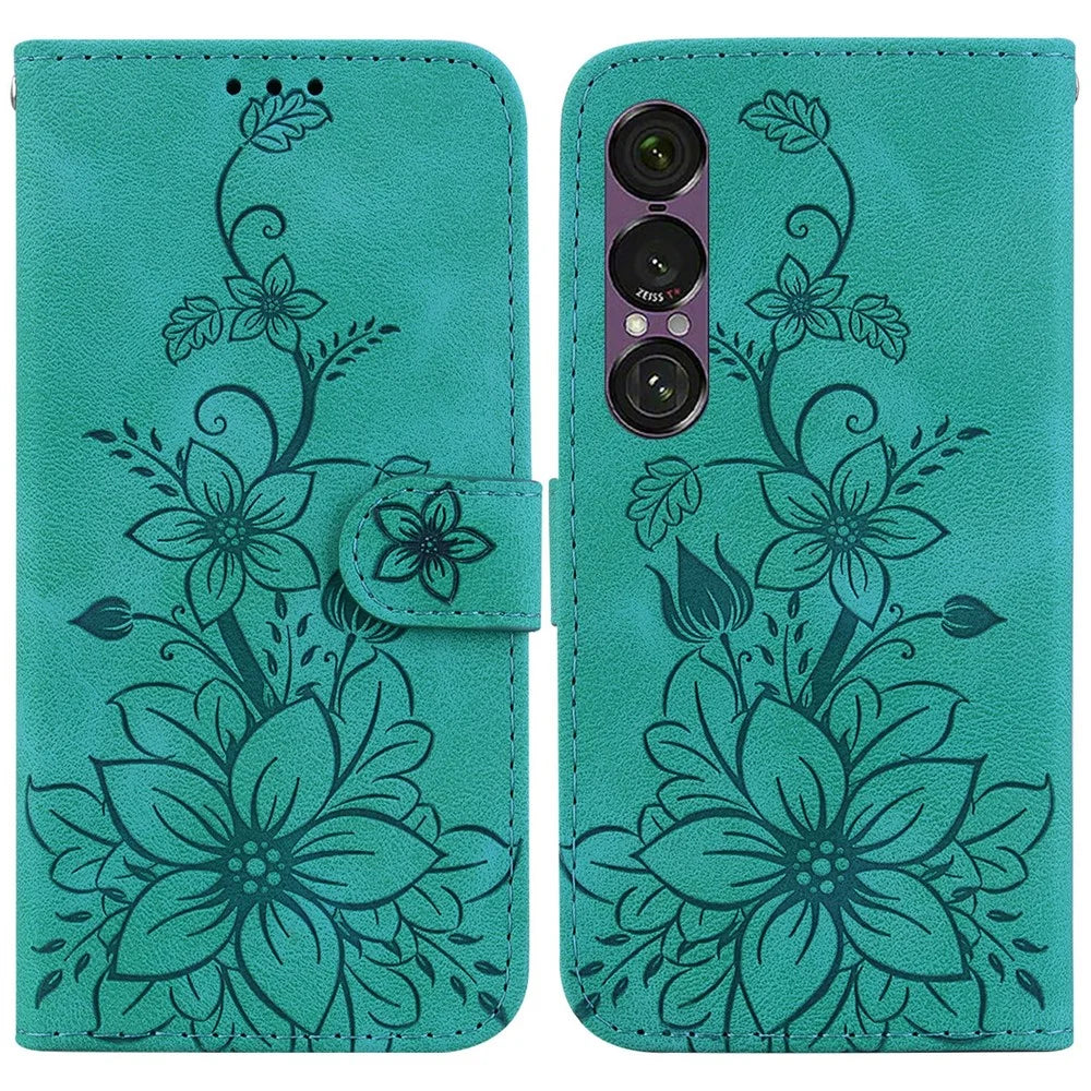 For Sony Xperia 1 VII Stand Case Lily Flower Imprint Leather Phone Cover with Wrist Strap - Green - 1