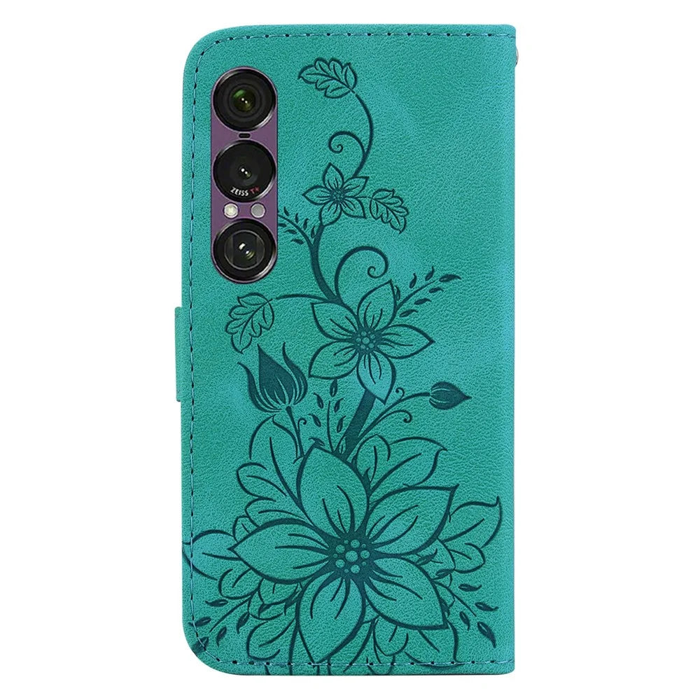 For Sony Xperia 1 VII Stand Case Lily Flower Imprint Leather Phone Cover with Wrist Strap - Green - 7