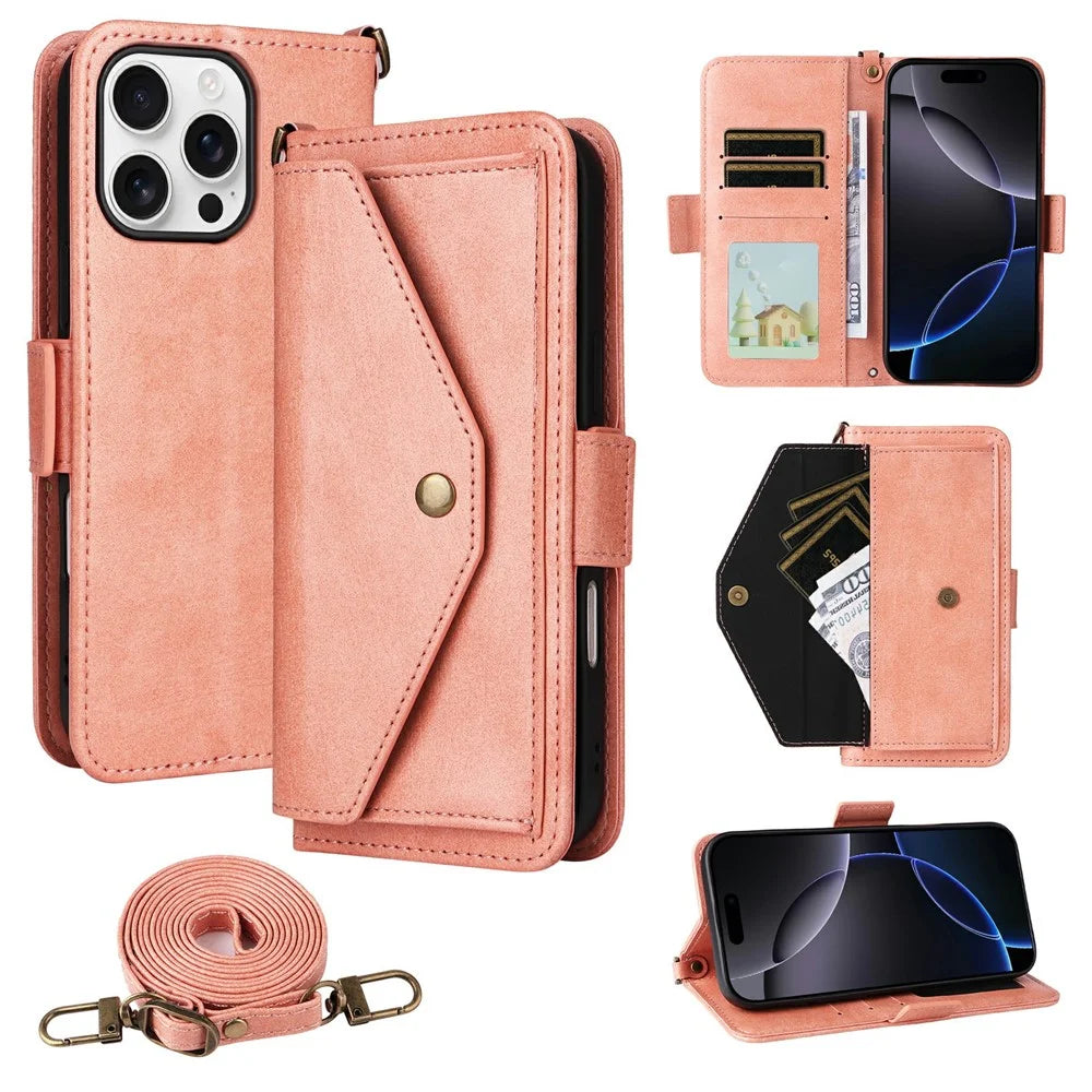 For iPhone 16 Pro Max Leather Case Magnetic Closure Wallet Stand Phone Cover with Crossbody Strap - Pink - 1