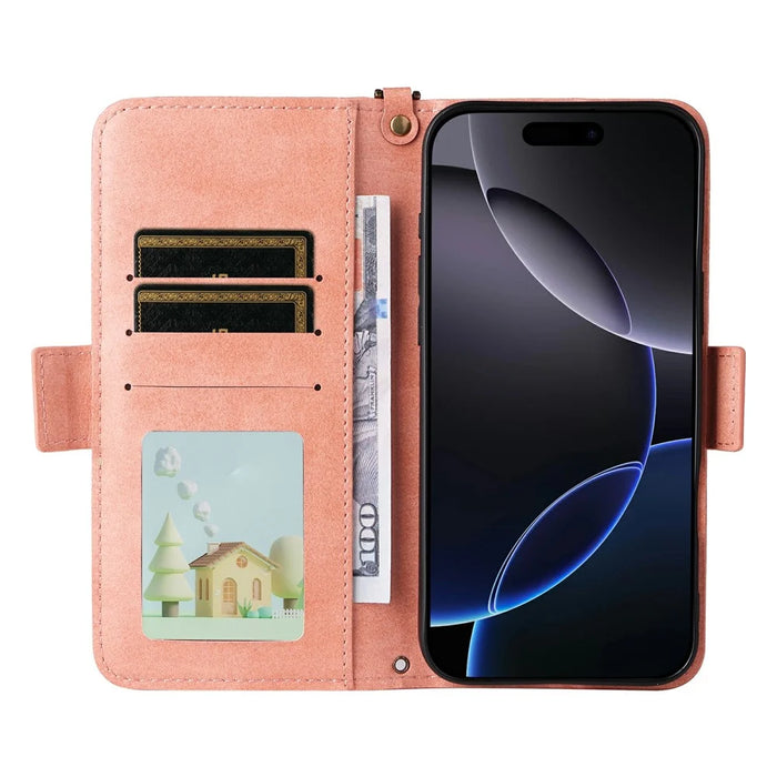 For iPhone 16 Pro Max Leather Case Magnetic Closure Wallet Stand Phone Cover with Crossbody Strap - Pink - 2