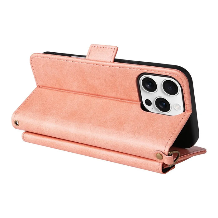 For iPhone 16 Pro Max Leather Case Magnetic Closure Wallet Stand Phone Cover with Crossbody Strap - Pink - 5