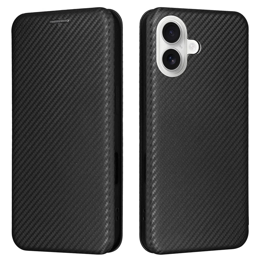 For iPhone 17 Case Carbon Fiber Texture Drop-Proof PU Leather Phone Cover - Black - 1
