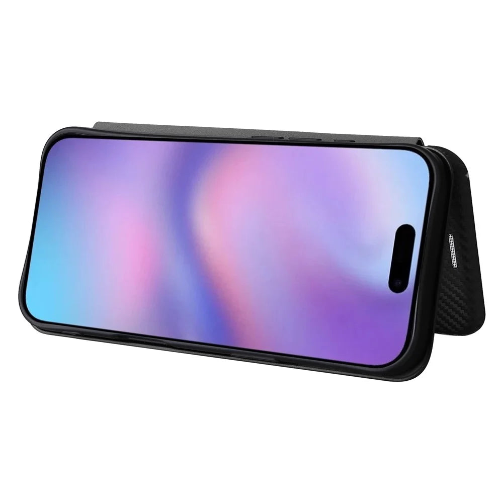 For iPhone 17 Case Carbon Fiber Texture Drop-Proof PU Leather Phone Cover - Black - 5