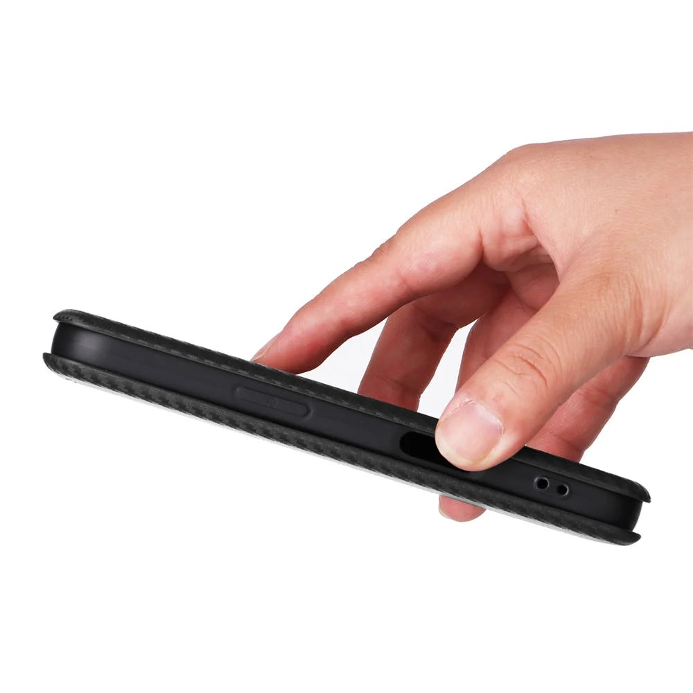 For iPhone 17 Case Carbon Fiber Texture Drop-Proof PU Leather Phone Cover - Black - 6