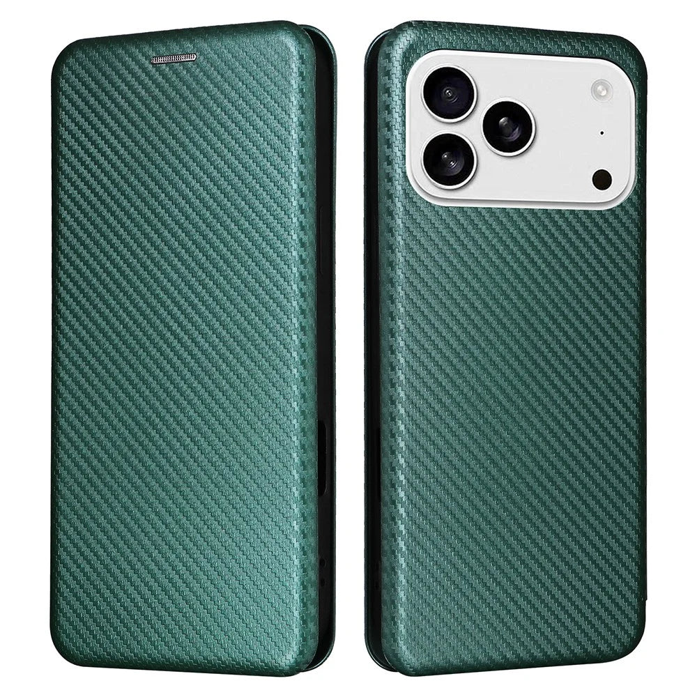 For iPhone 18 Pro / 17 Pro Case Carbon Fiber Texture Drop-Proof PU Leather Phone Cover - Green - 1