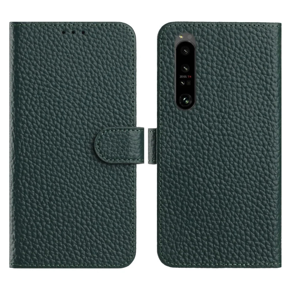 For Sony Xperia 1 IV 5G Case Wallet Stand Litchi Texture Genuine Cow Leather Flip Phone Cover - Green - 1