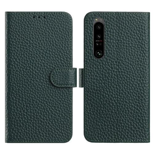 For Sony Xperia 1 IV 5G Case Wallet Stand Litchi Texture Genuine Cow Leather Flip Phone Cover - Green - 1