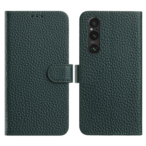 For Sony Xperia 1 V Case Wallet Stand Litchi Texture Genuine Cow Leather Flip Phone Cover - Green - 1