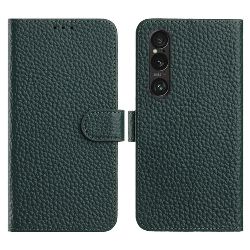 For Sony Xperia 1 VI Case Wallet Stand Litchi Texture Genuine Cow Leather Flip Phone Cover - Green - 1