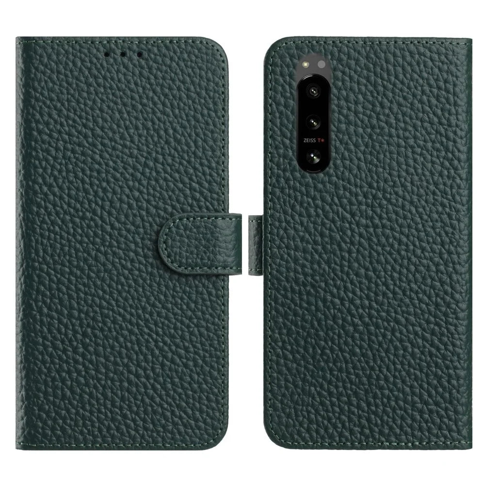 For Sony Xperia 5 IV 5G Case Wallet Stand Litchi Texture Genuine Cow Leather Flip Phone Cover - Green - 1