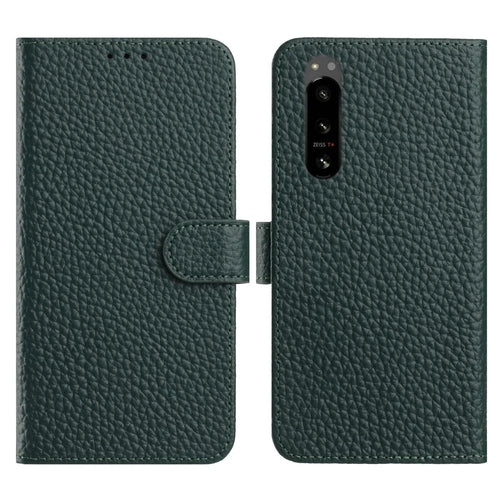 For Sony Xperia 5 IV 5G Case Wallet Stand Litchi Texture Genuine Cow Leather Flip Phone Cover - Green - 1
