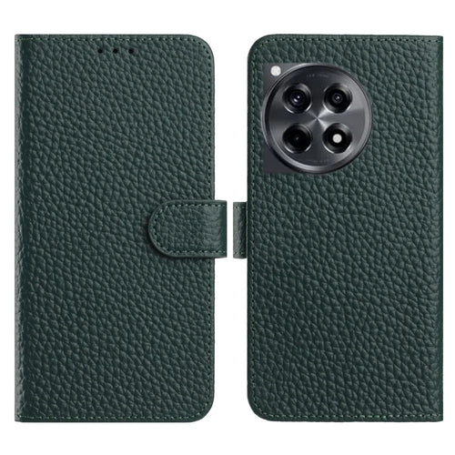 For OnePlus 12R 5G Case Wallet Stand Litchi Texture Genuine Cow Leather Flip Phone Cover - Green - 1