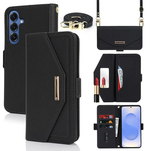 For Samsung Galaxy S25 Stand Case Cross Texture PU Leather Wallet Phone Cover with Shoulder Strap  /  Makeup Mirror - Black - 1