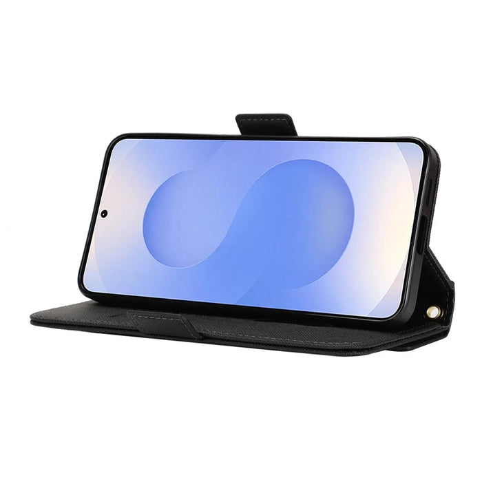 For Samsung Galaxy S25 Stand Case Cross Texture PU Leather Wallet Phone Cover with Shoulder Strap  /  Makeup Mirror - Black - 4