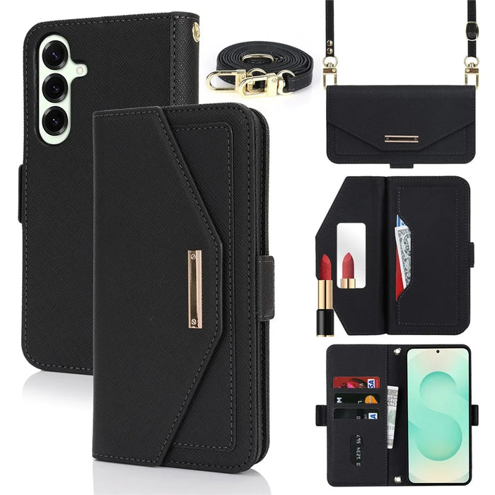 For Samsung Galaxy S25+ Stand Case Cross Texture PU Leather Wallet Phone Cover with Shoulder Strap  /  Makeup Mirror - Black - 1