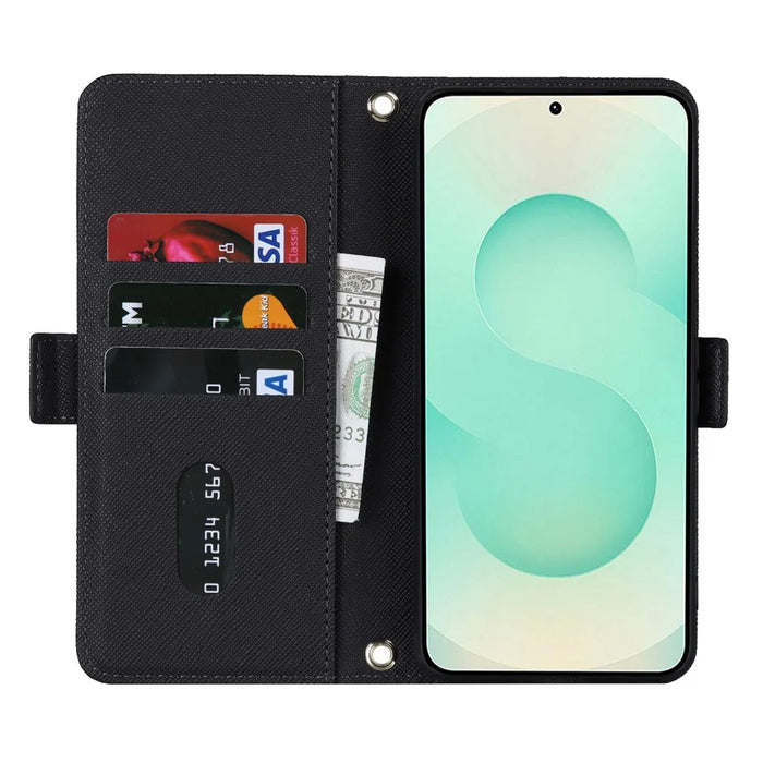 For Samsung Galaxy S25+ Stand Case Cross Texture PU Leather Wallet Phone Cover with Shoulder Strap  /  Makeup Mirror - Black - 2