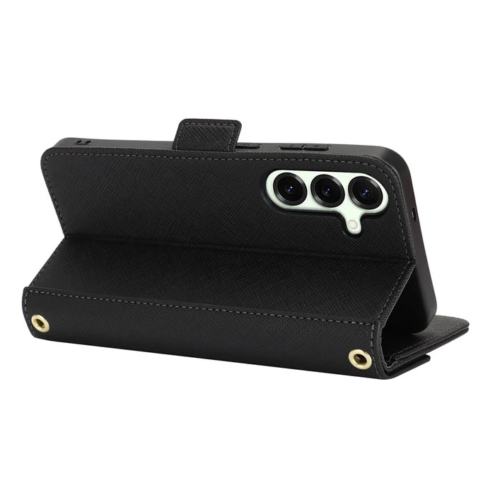 For Samsung Galaxy S25+ Stand Case Cross Texture PU Leather Wallet Phone Cover with Shoulder Strap  /  Makeup Mirror - Black - 3