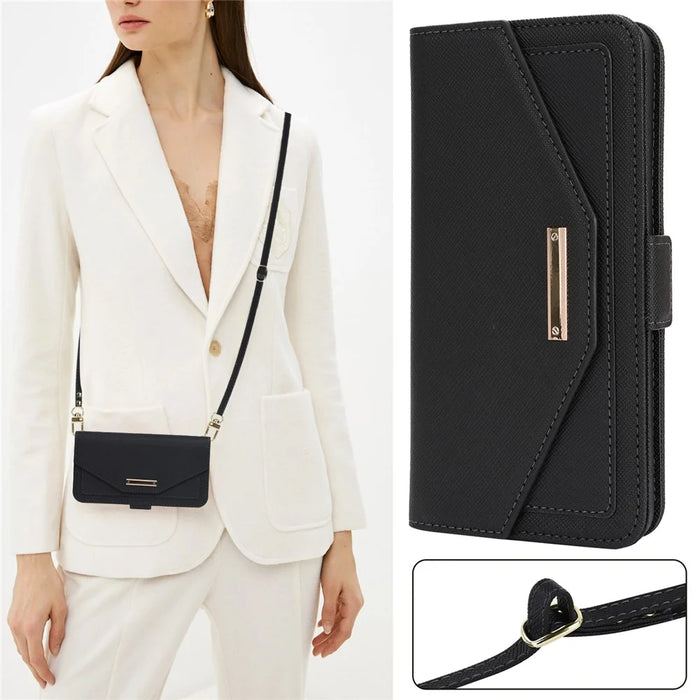For Samsung Galaxy S25+ Stand Case Cross Texture PU Leather Wallet Phone Cover with Shoulder Strap  /  Makeup Mirror - Black - 7