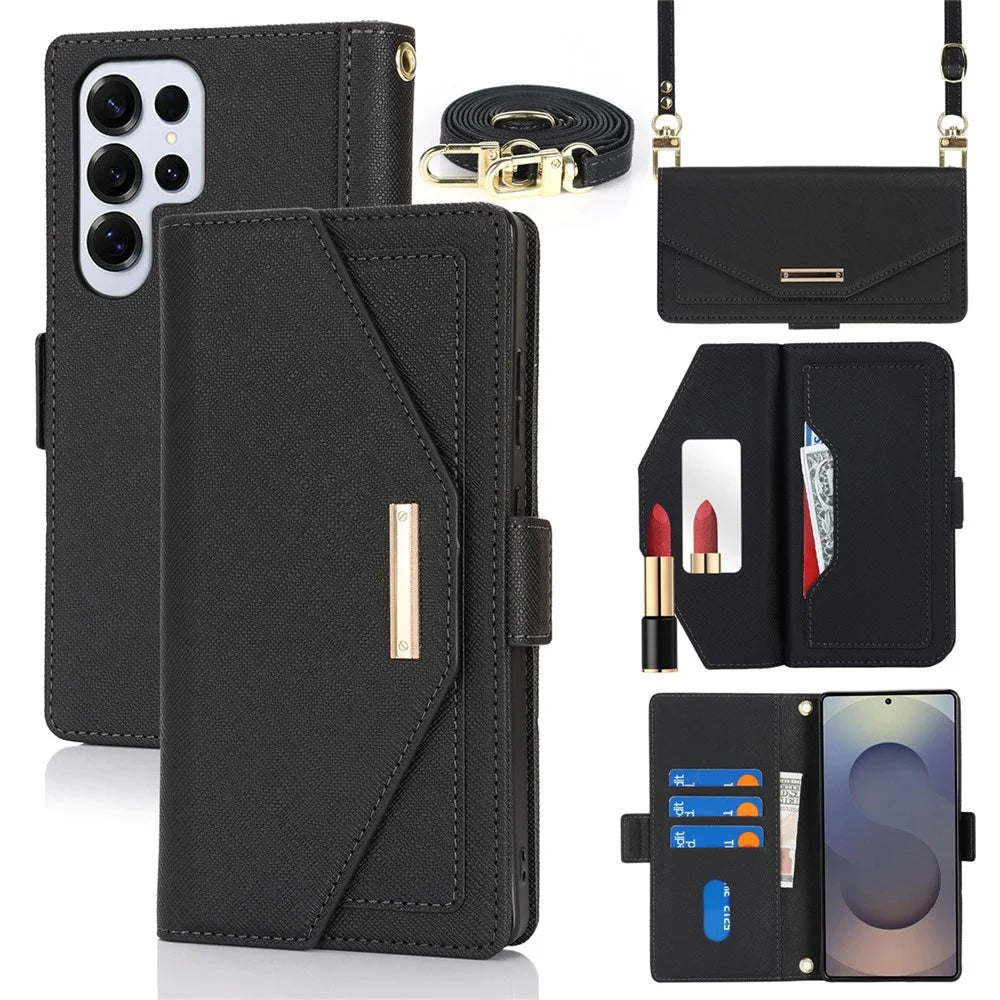 For Samsung Galaxy S25 Ultra Stand Case Cross Texture PU Leather Wallet Phone Cover with Shoulder Strap  /  Makeup Mirror - Black - 1