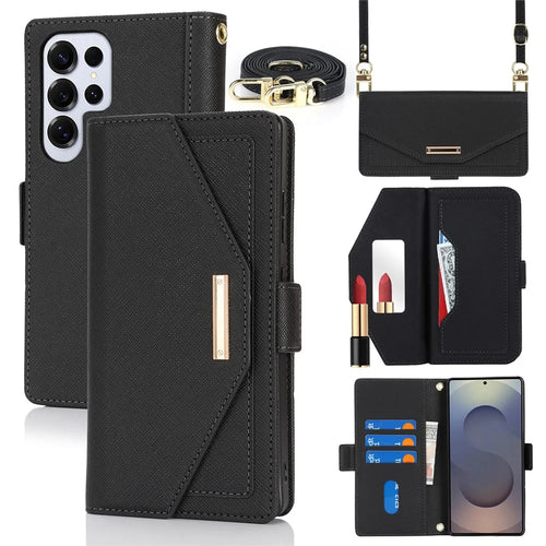 For Samsung Galaxy S25 Ultra Stand Case Cross Texture PU Leather Wallet Phone Cover with Shoulder Strap  /  Makeup Mirror - Black - 1