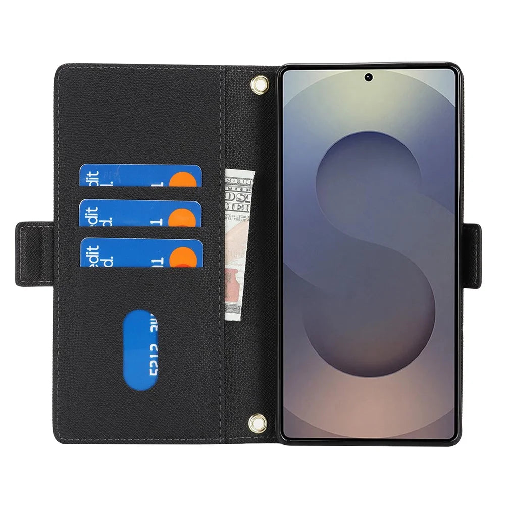 For Samsung Galaxy S25 Ultra Stand Case Cross Texture PU Leather Wallet Phone Cover with Shoulder Strap  /  Makeup Mirror - Black - 2