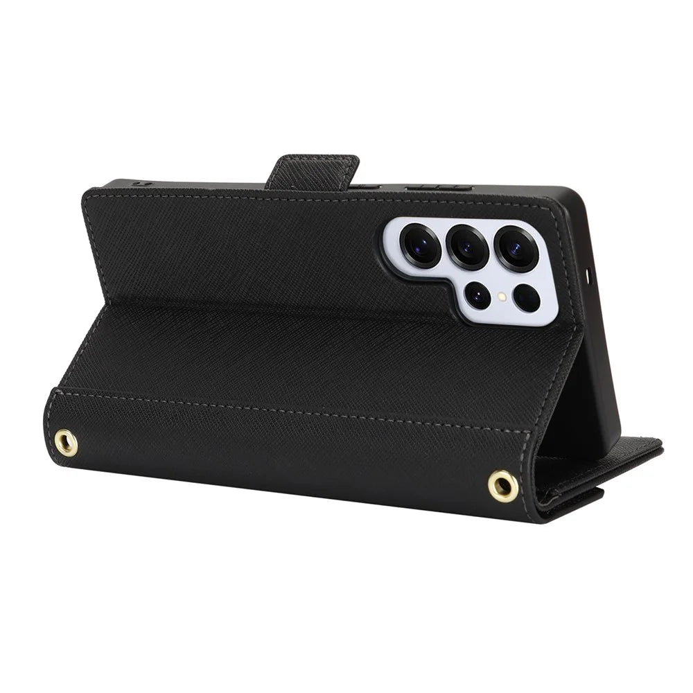 For Samsung Galaxy S25 Ultra Stand Case Cross Texture PU Leather Wallet Phone Cover with Shoulder Strap  /  Makeup Mirror - Black - 4