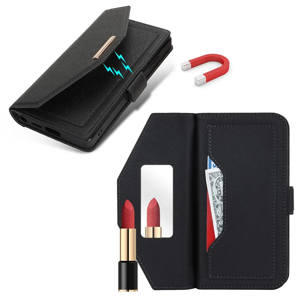 For Samsung Galaxy S25 Ultra Stand Case Cross Texture PU Leather Wallet Phone Cover with Shoulder Strap  /  Makeup Mirror - Black - 6