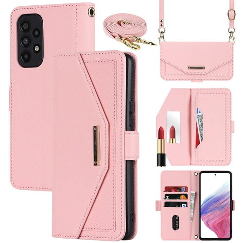 For Samsung Galaxy A53 5G Stand Case Cross Texture PU Leather Wallet Phone Cover with Shoulder Strap  /  Makeup Mirror - Pink - 1