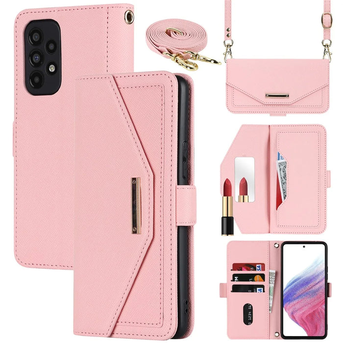 For Samsung Galaxy A53 5G Stand Case Cross Texture PU Leather Wallet Phone Cover with Shoulder Strap  /  Makeup Mirror - Pink - 1