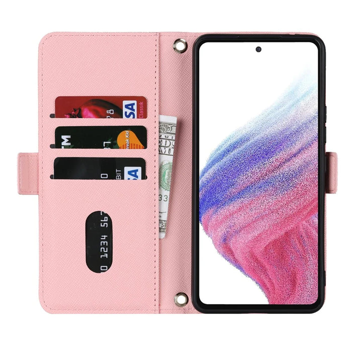 For Samsung Galaxy A53 5G Stand Case Cross Texture PU Leather Wallet Phone Cover with Shoulder Strap  /  Makeup Mirror - Pink - 2