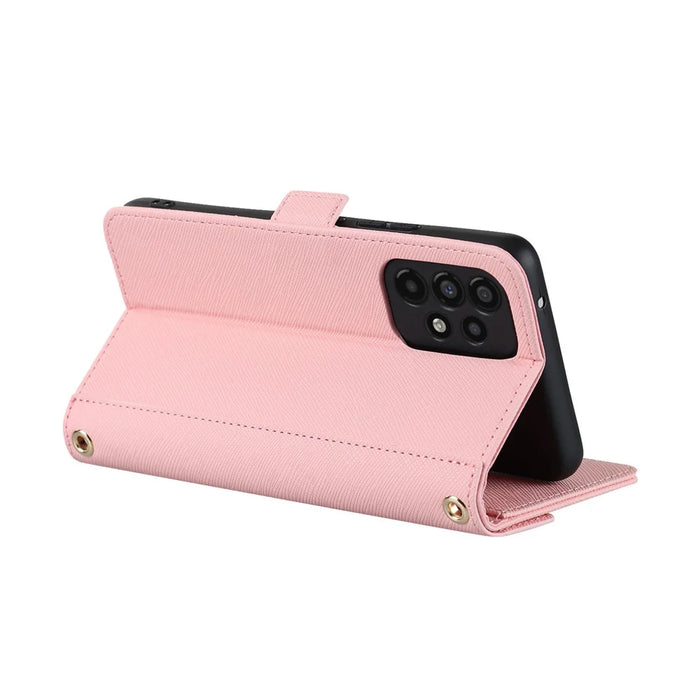 For Samsung Galaxy A53 5G Stand Case Cross Texture PU Leather Wallet Phone Cover with Shoulder Strap  /  Makeup Mirror - Pink - 3