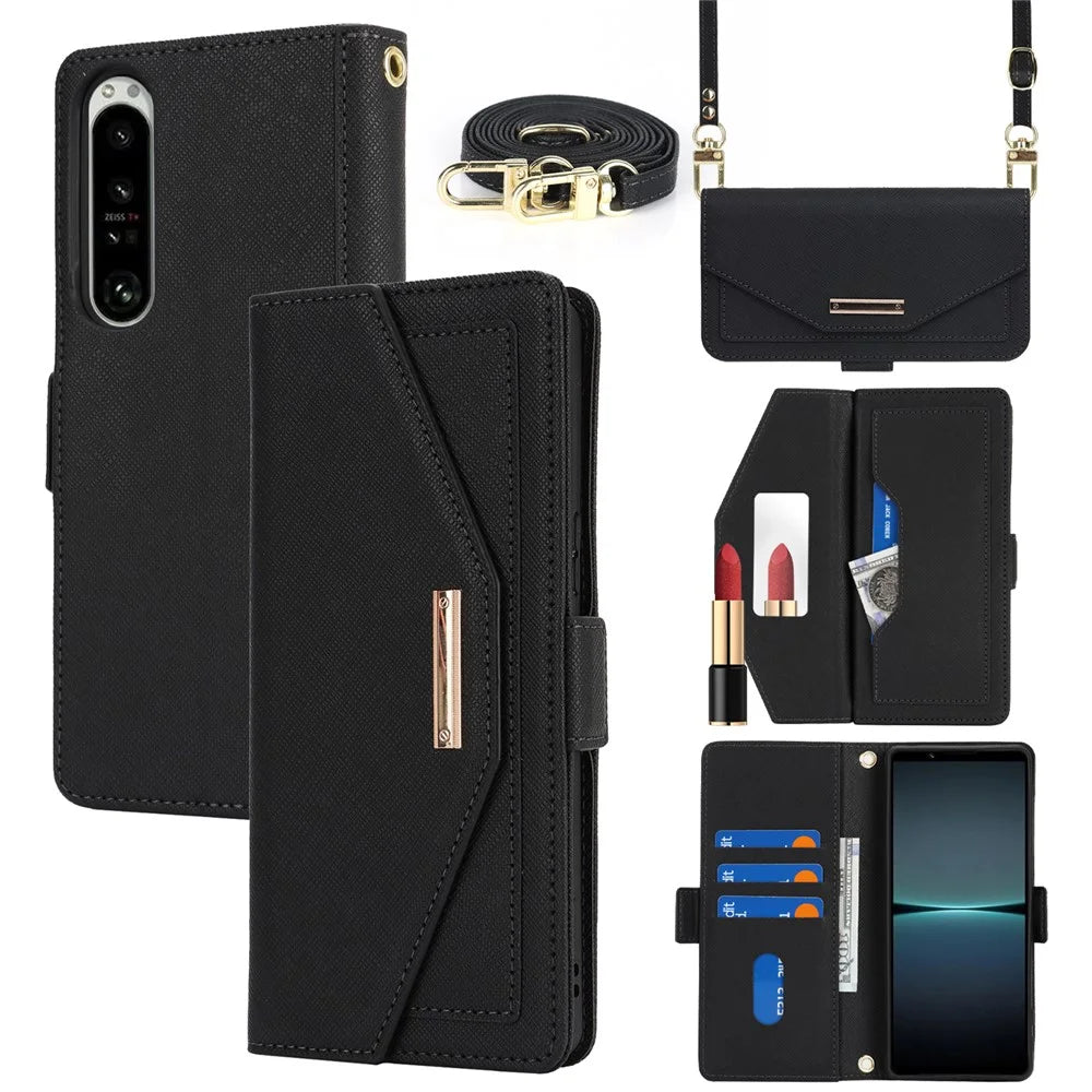 For Sony Xperia 1 IV 5G Stand Case Cross Texture PU Leather Wallet Phone Cover with Shoulder Strap  /  Makeup Mirror - Black - 1