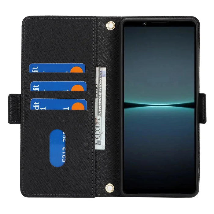For Sony Xperia 1 IV 5G Stand Case Cross Texture PU Leather Wallet Phone Cover with Shoulder Strap  /  Makeup Mirror - Black - 2