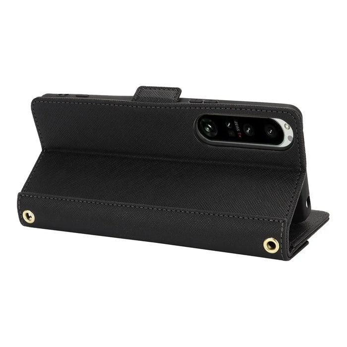 For Sony Xperia 1 IV 5G Stand Case Cross Texture PU Leather Wallet Phone Cover with Shoulder Strap  /  Makeup Mirror - Black - 4