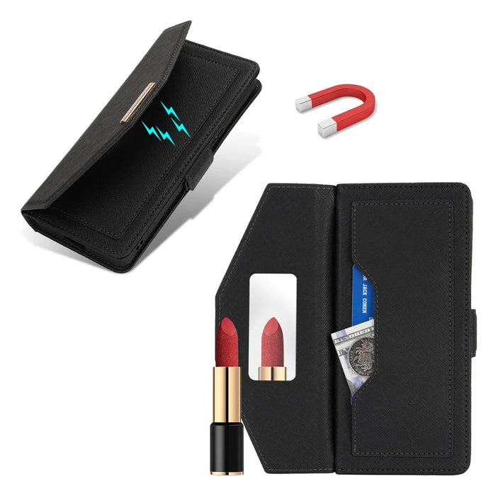 For Sony Xperia 1 IV 5G Stand Case Cross Texture PU Leather Wallet Phone Cover with Shoulder Strap  /  Makeup Mirror - Black - 6