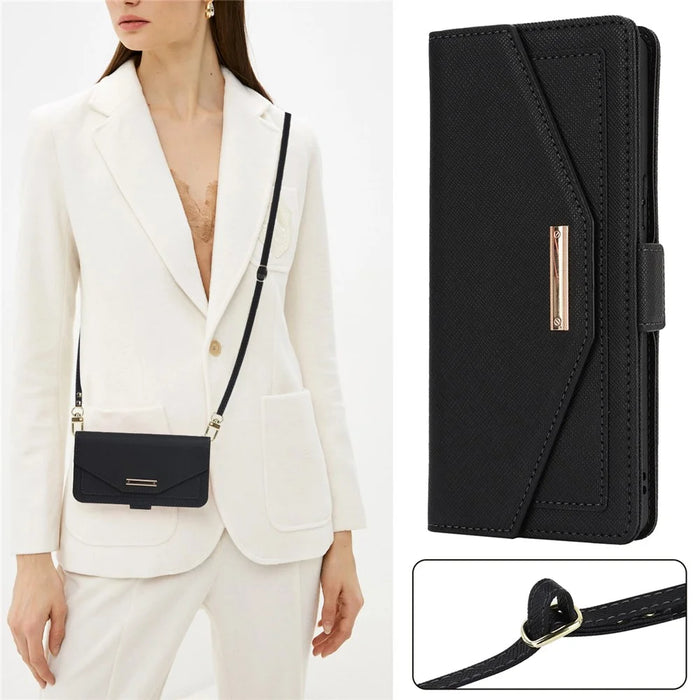 For Sony Xperia 1 IV 5G Stand Case Cross Texture PU Leather Wallet Phone Cover with Shoulder Strap  /  Makeup Mirror - Black - 7