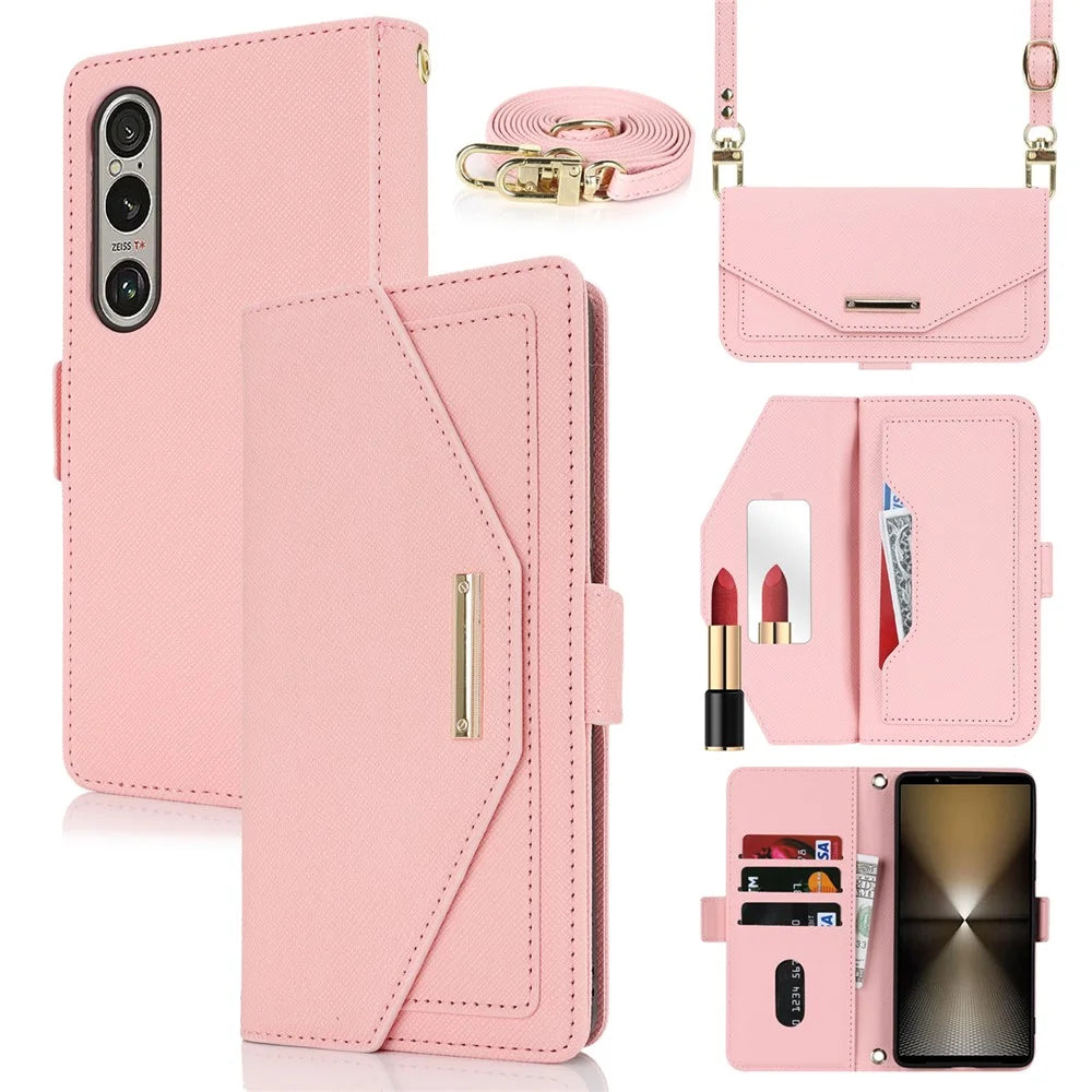For Sony Xperia 1 VI Stand Case Cross Texture PU Leather Wallet Phone Cover with Shoulder Strap  /  Makeup Mirror - Pink - 1