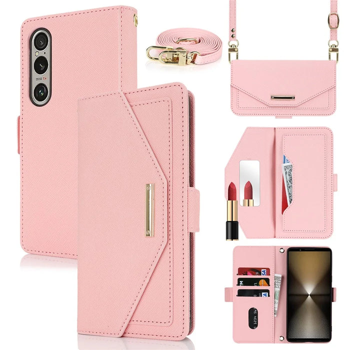For Sony Xperia 1 VI Stand Case Cross Texture PU Leather Wallet Phone Cover with Shoulder Strap  /  Makeup Mirror - Pink - 1