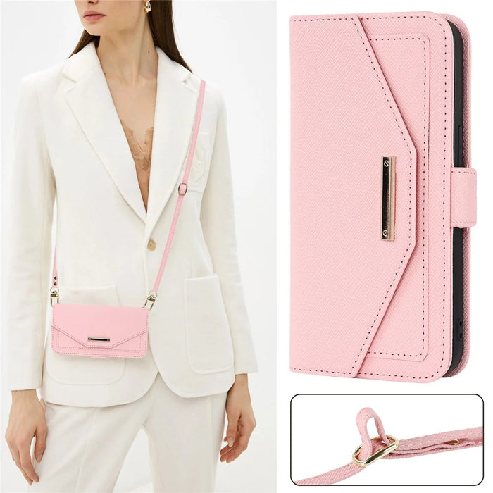 For Sony Xperia 1 VI Stand Case Cross Texture PU Leather Wallet Phone Cover with Shoulder Strap  /  Makeup Mirror - Pink - 7