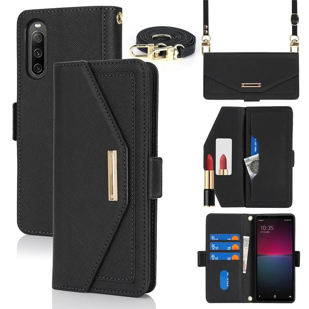 For Sony Xperia 10 IV 5G Stand Case Cross Texture PU Leather Wallet Phone Cover with Shoulder Strap  /  Makeup Mirror - Black - 1
