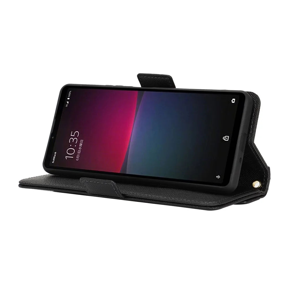 For Sony Xperia 10 IV 5G Stand Case Cross Texture PU Leather Wallet Phone Cover with Shoulder Strap  /  Makeup Mirror - Black - 3