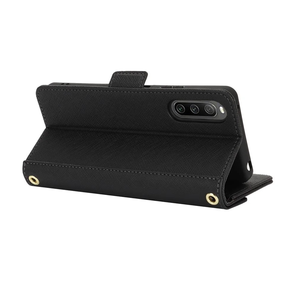 For Sony Xperia 10 IV 5G Stand Case Cross Texture PU Leather Wallet Phone Cover with Shoulder Strap  /  Makeup Mirror - Black - 4