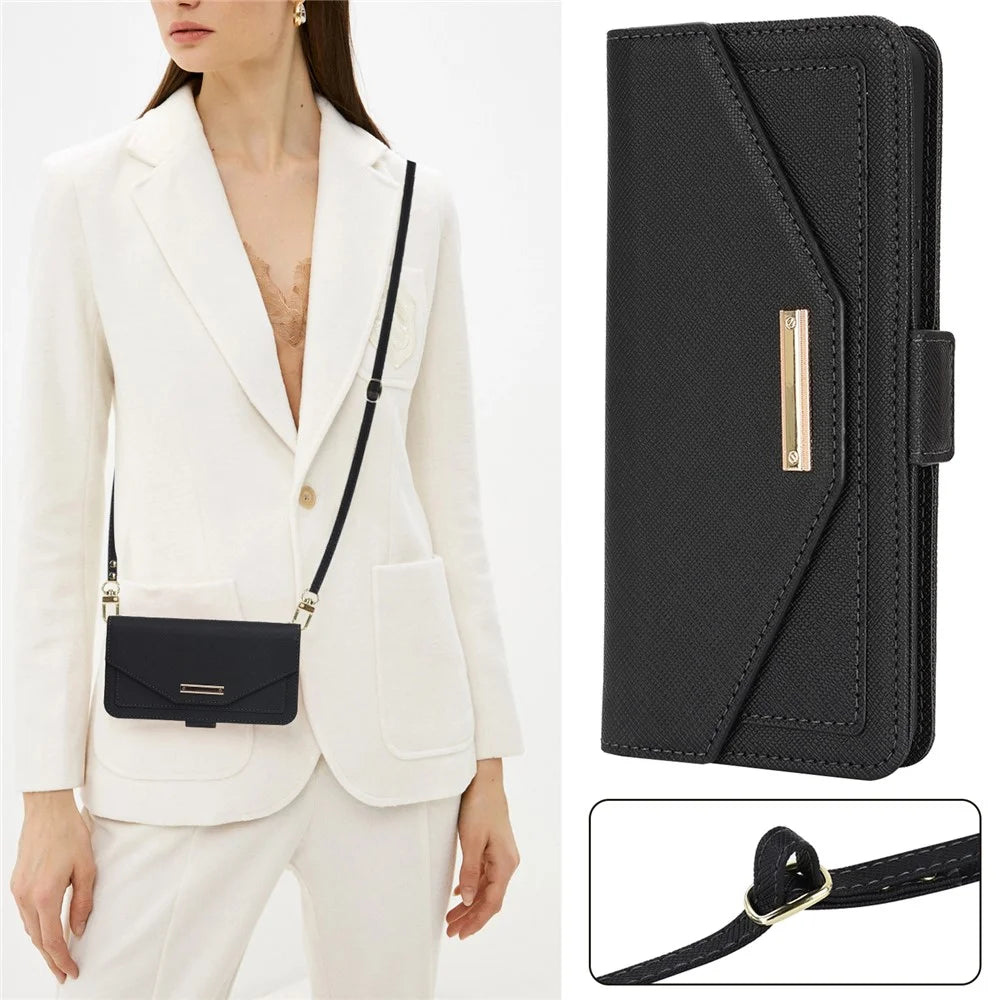 For Sony Xperia 10 IV 5G Stand Case Cross Texture PU Leather Wallet Phone Cover with Shoulder Strap  /  Makeup Mirror - Black - 7