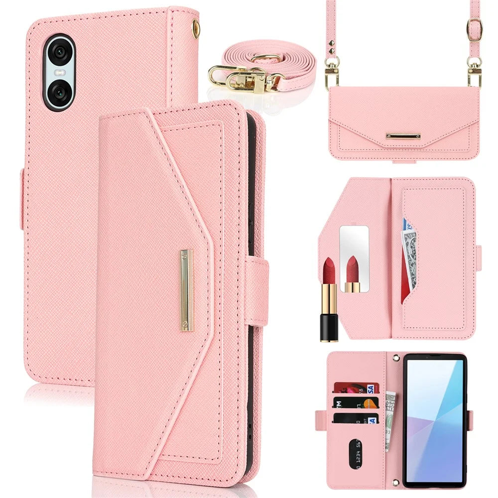 For Sony Xperia 10 VI Stand Case Cross Texture PU Leather Wallet Phone Cover with Shoulder Strap  /  Makeup Mirror - Pink - 1