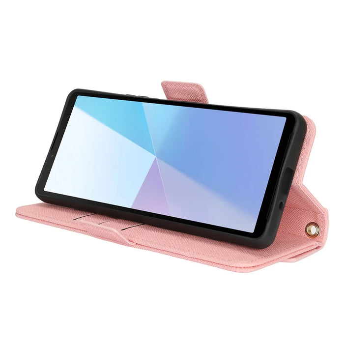 For Sony Xperia 10 VI Stand Case Cross Texture PU Leather Wallet Phone Cover with Shoulder Strap  /  Makeup Mirror - Pink - 4